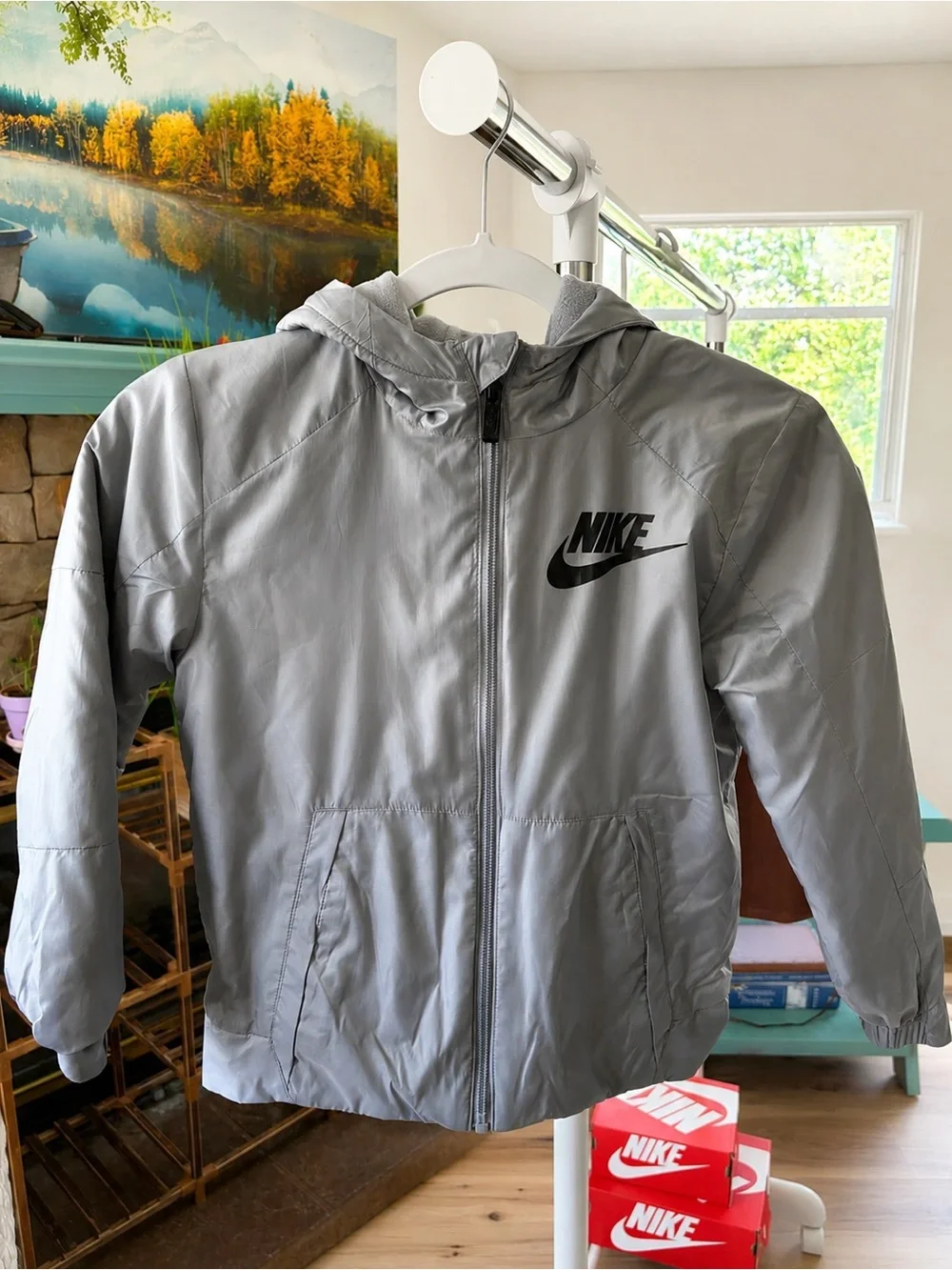 Nike Kids Light Gray Hooded Raincoat with Black Logo